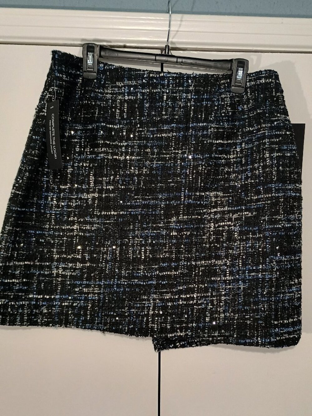 Bagatelle Collection Black Blue Silver Tweed Sequin Asymmetrical Mini Skirt NWT - Picture 4 of 10